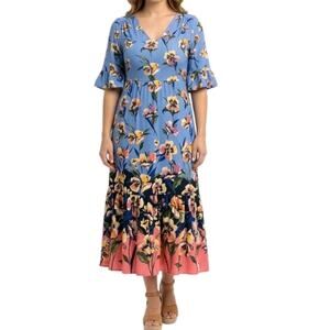 London Style Floral Maxi Dress Womens 18 Blue Cottagecore V-neck Ruffle Tiered